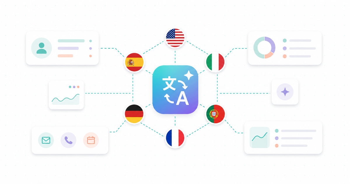 Six country flag circles around a translation icon — multilingual support