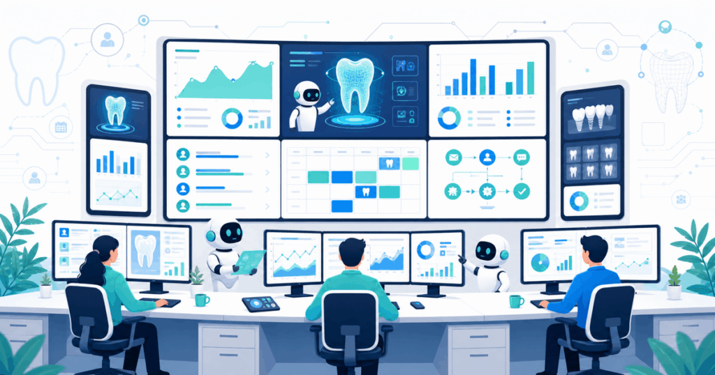 Marketing agency control room with multiple monitors showing dental practice campaigns