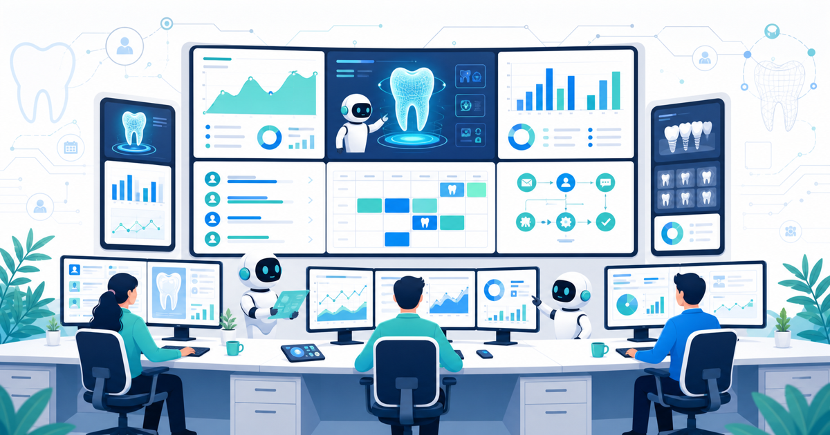 Marketing agency control room with multiple monitors showing dental practice campaigns