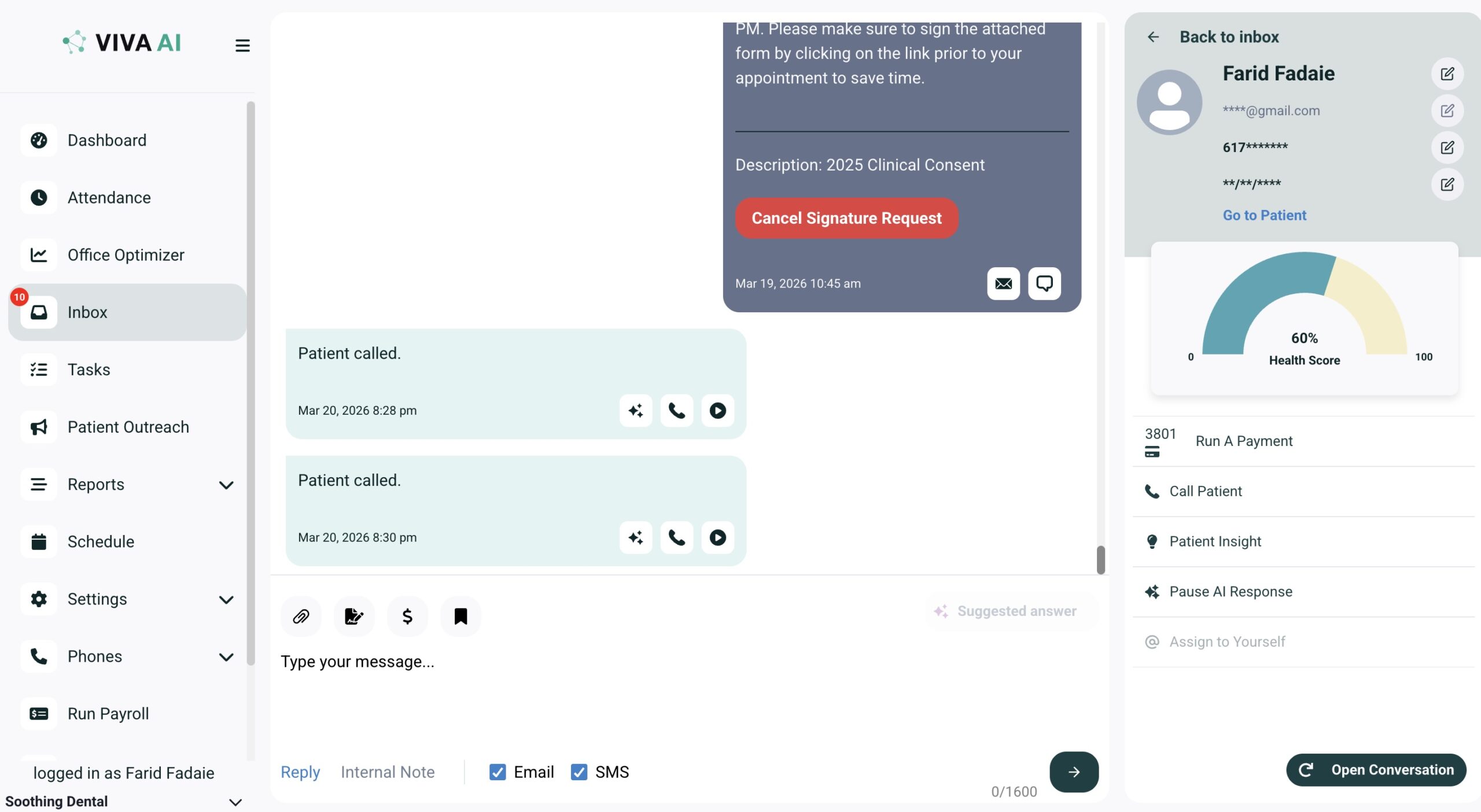 Viva AI unified inbox — patient conversation with AI-answered texts, call recordings, digital forms, and payments